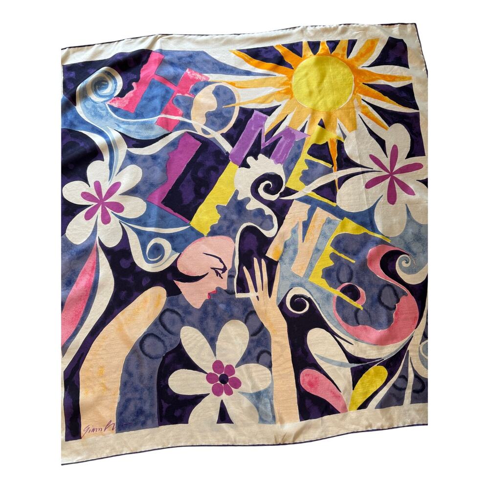 Vintage 80s Feminine Silk Scarf Sun Flowers Signed